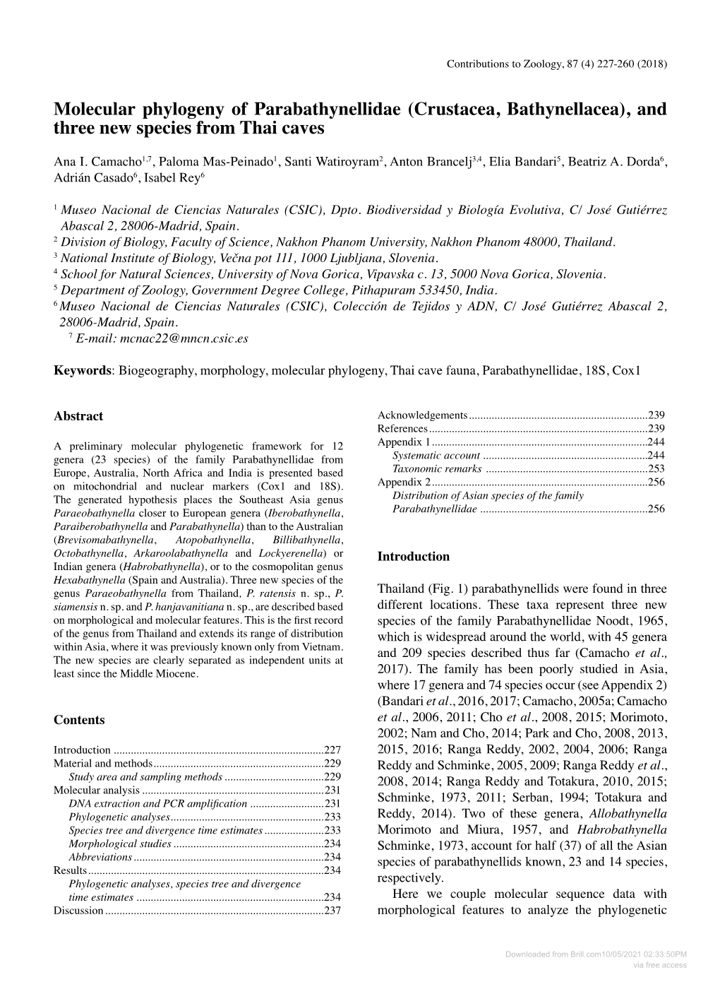 Molecular Phylogeny of Parabathynellidae (Crustacea, Bathynellacea), and Three New Species from Thai Caves