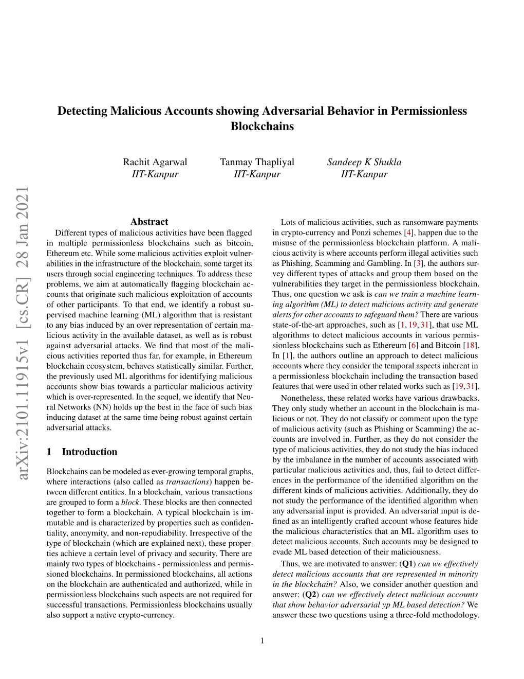 Detecting Malicious Accounts Showing Adversarial Behavior in Permissionless Blockchains