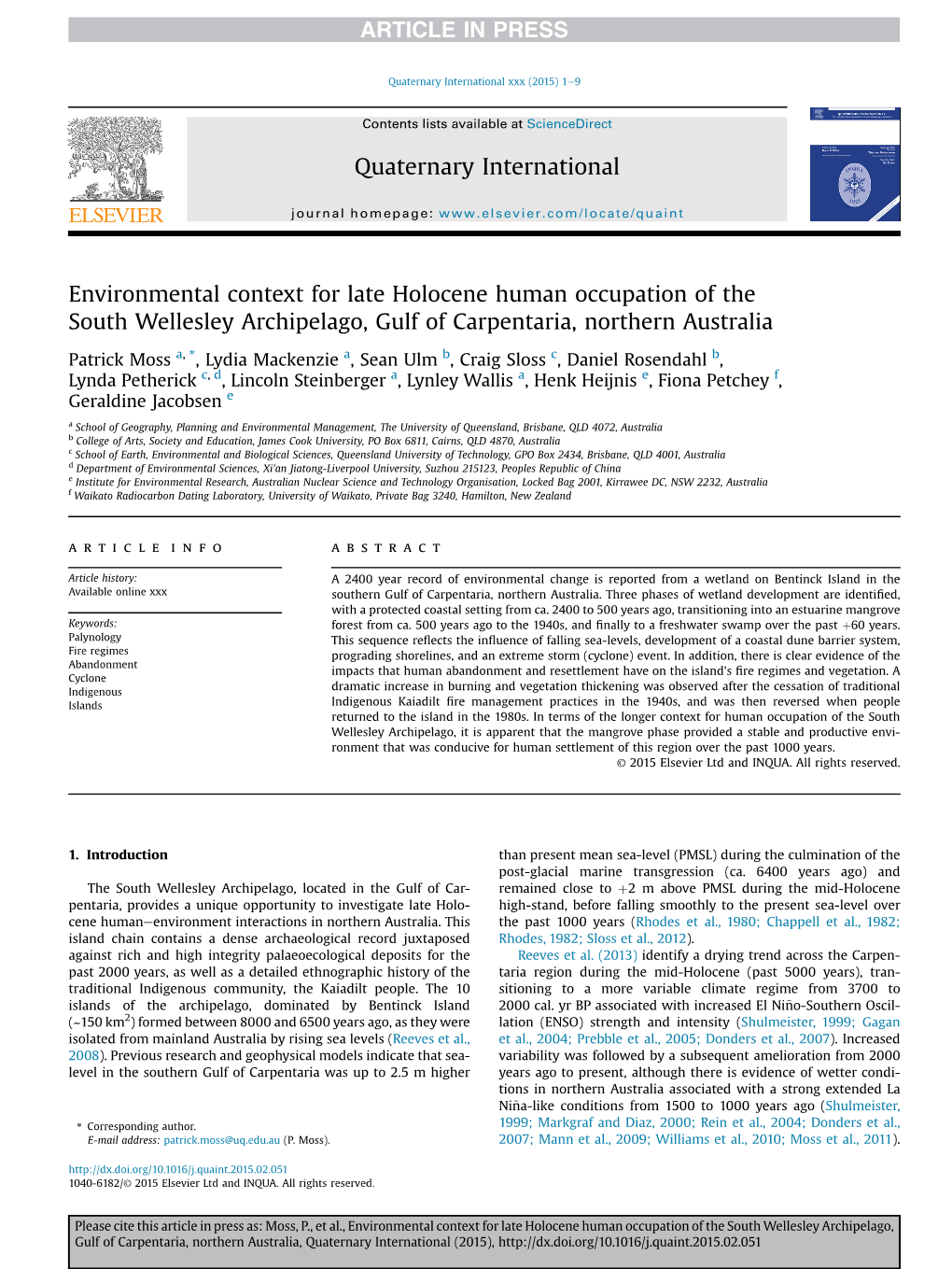 Environmental Context for Late Holocene Human Occupation of the South Wellesley Archipelago, Gulf of Carpentaria, Northern Australia