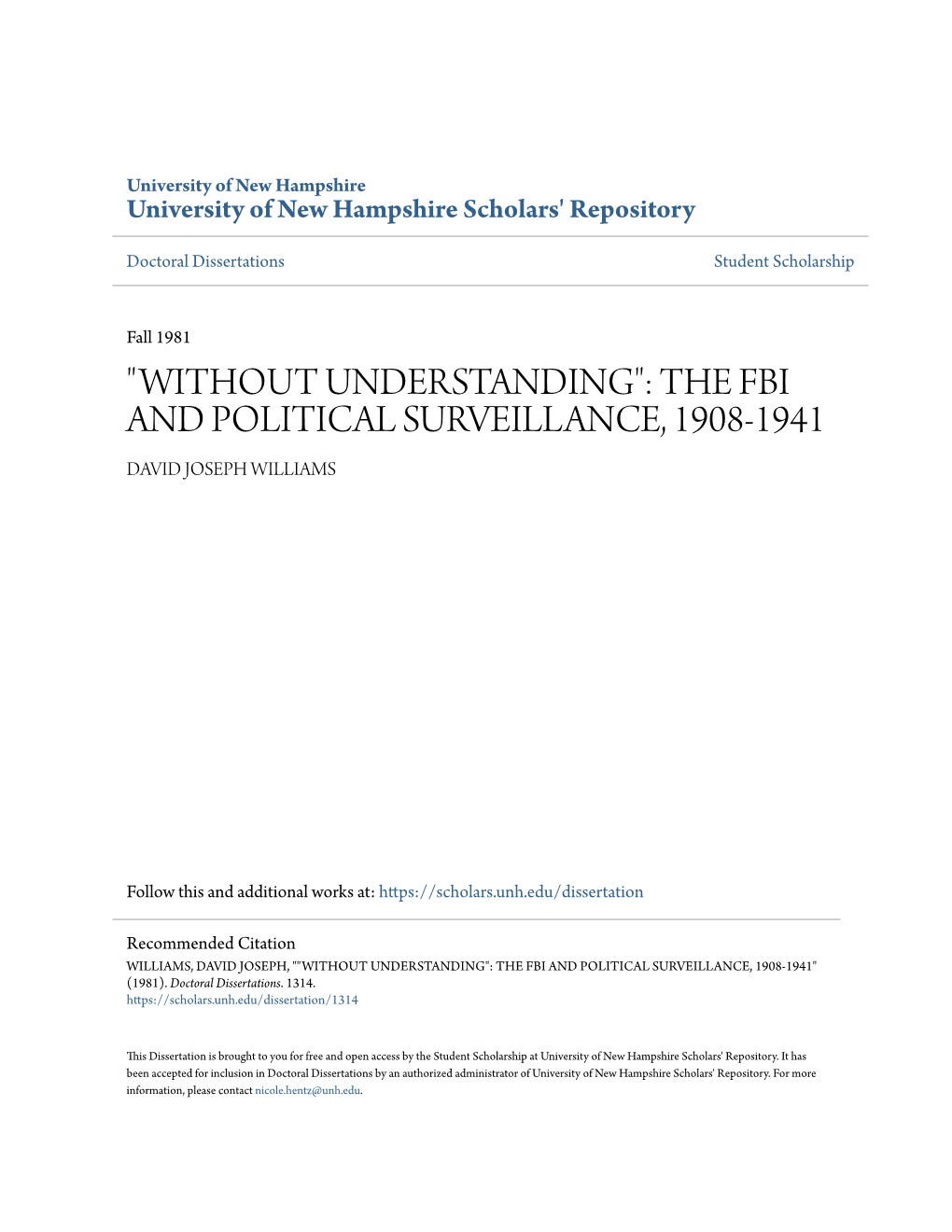 The Fbi and Political Surveillance, 1908-1941 David Joseph Williams