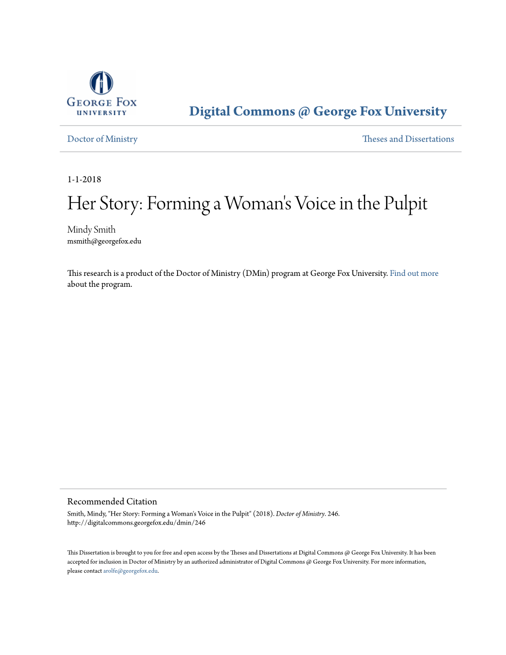 Her Story: Forming a Woman's Voice in the Pulpit Mindy Smith Msmith@Georgefox.Edu