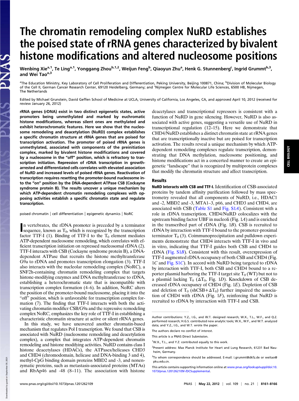 The Chromatin Remodeling Complex Nurd Establishes the Poised State of Rrna Genes Characterized by Bivalent Histone Modiﬁcations and Altered Nucleosome Positions