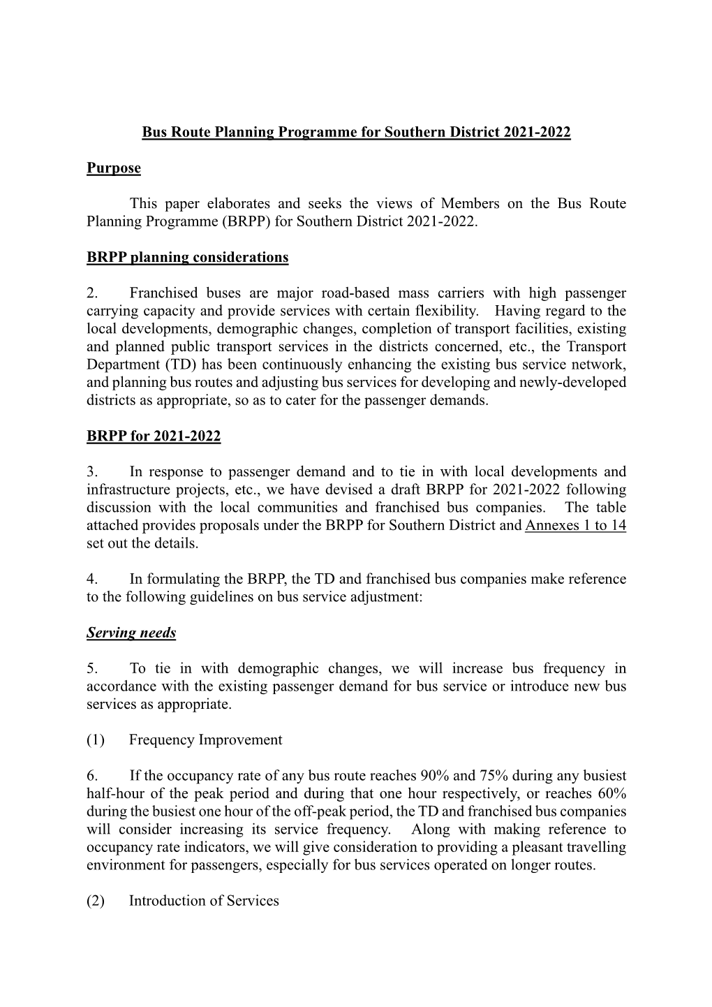 Bus Route Planning Programme 2021-2022 of Southern District