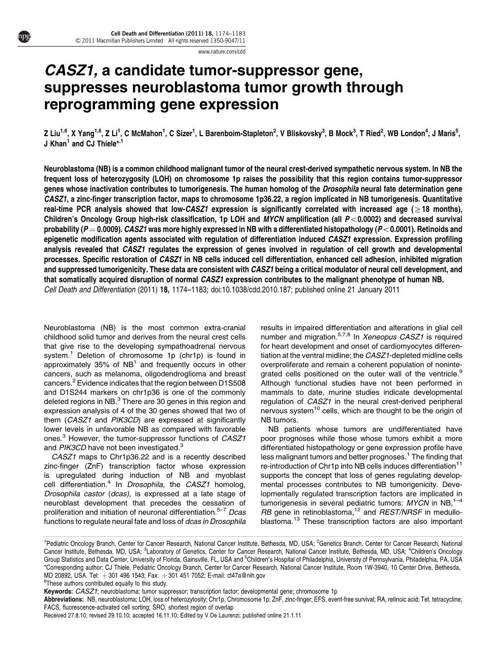 CASZ1, a Candidate Tumor-Suppressor Gene, Suppresses Neuroblastoma Tumor Growth Through Reprogramming Gene Expression