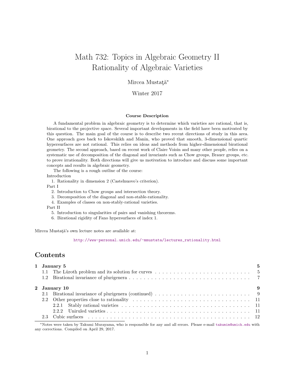 Topics in Algebraic Geometry II. Rationality of Algebraic Varieties