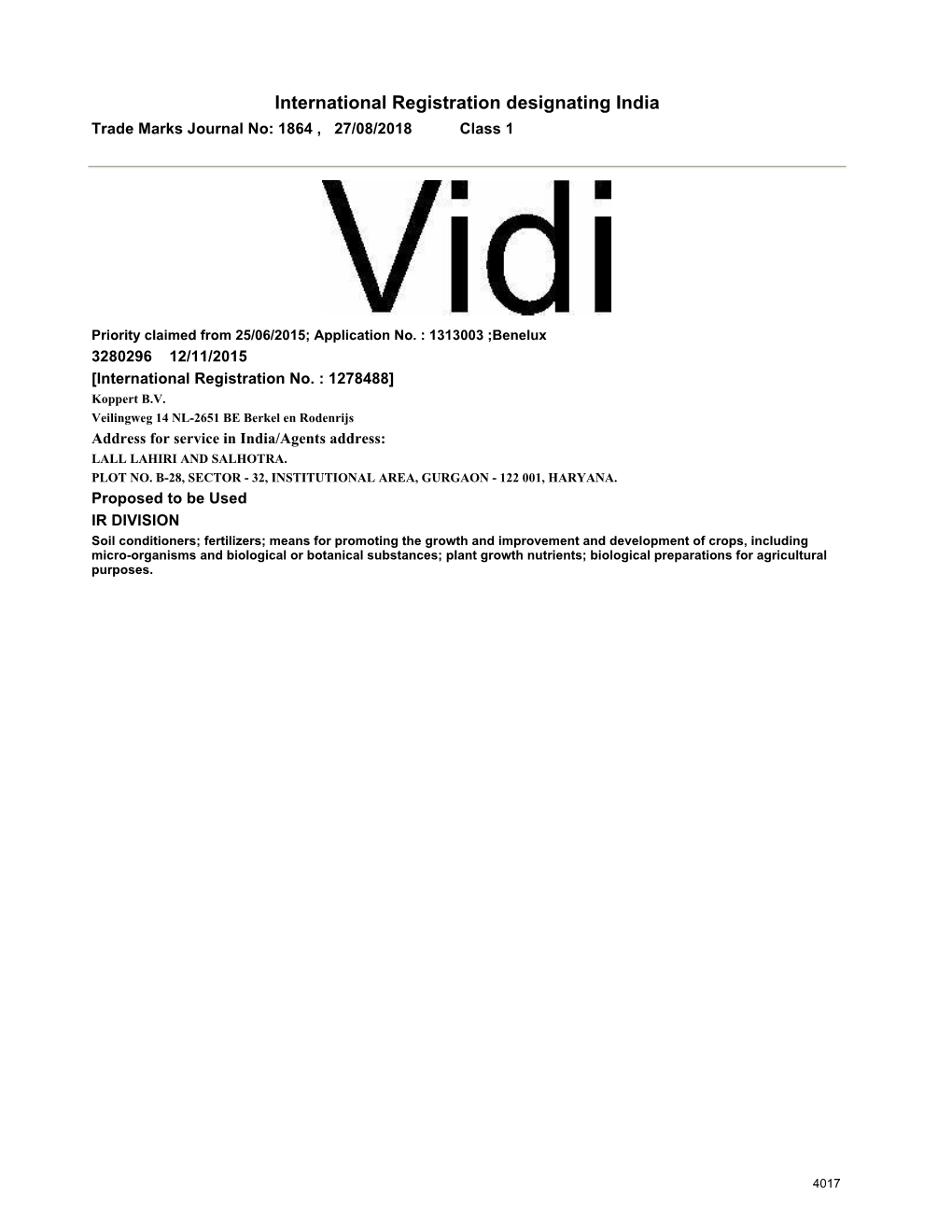 International Registration Designating India Trade Marks Journal No: 1864 , 27/08/2018 Class 1
