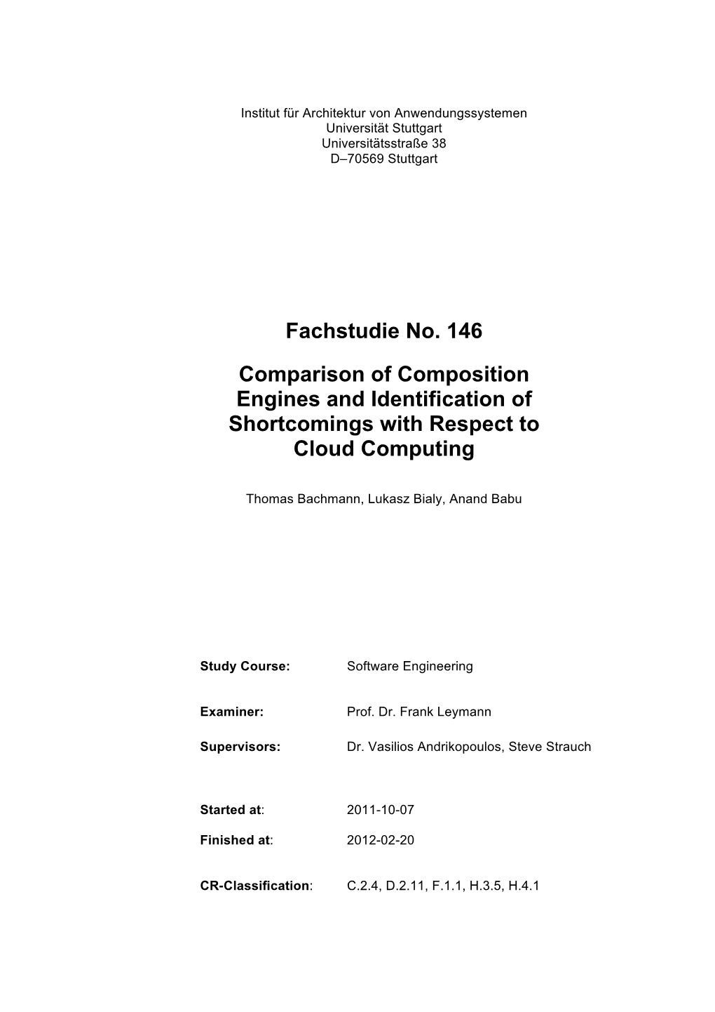 Fachstudie No. 146 Comparison of Composition Engines and Identification of Shortcomings with Respect to Cloud Computing