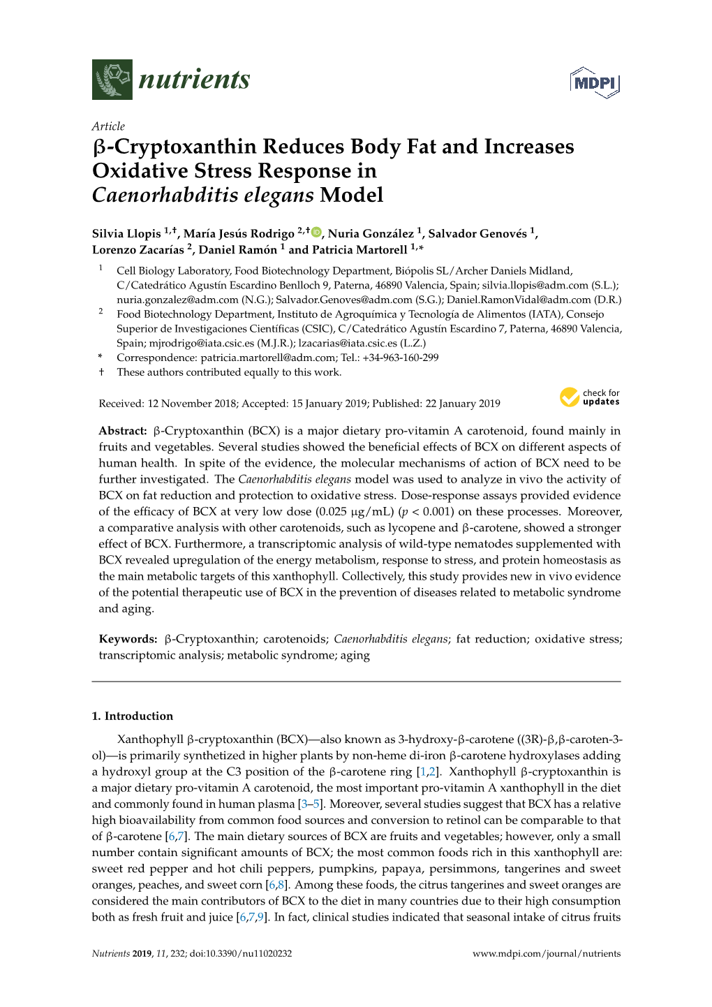 Cryptoxanthin Reduces Body Fat and Increases Oxidative Stress Response in Caenorhabditis Elegans Model