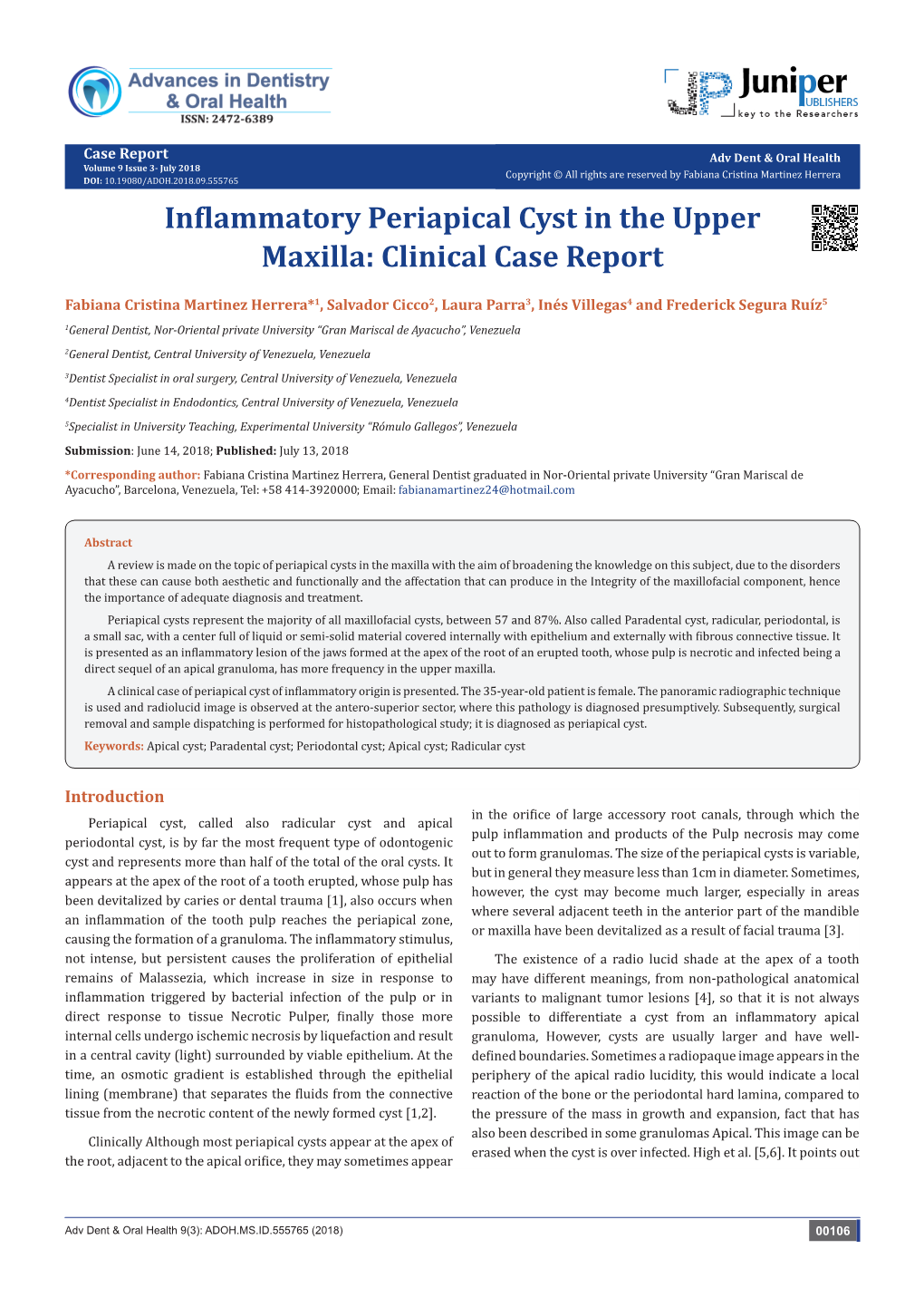 Inflammatory Periapical Cyst in the Upper Maxilla: Clinical Case Report
