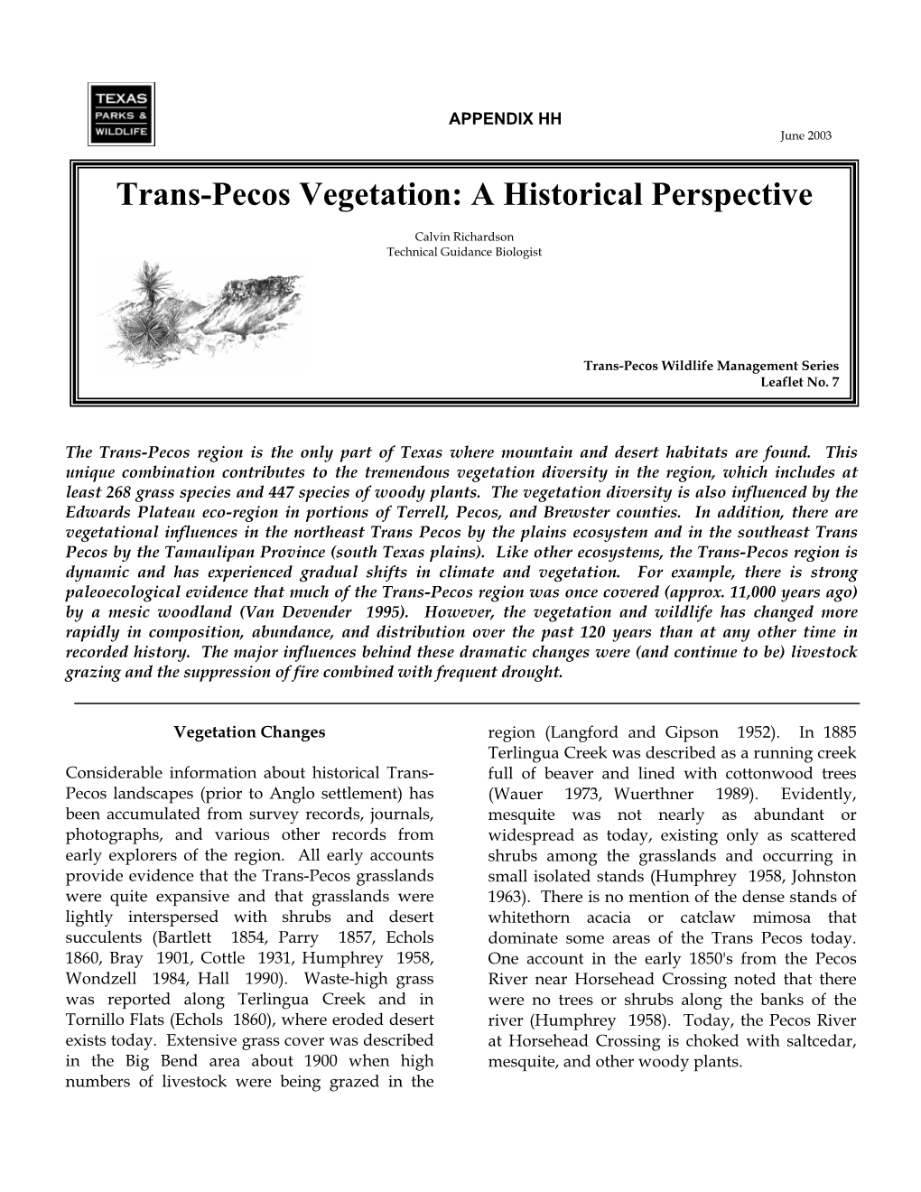 Appendix HH Trans-Pecos Vegetation a Historical Perspective