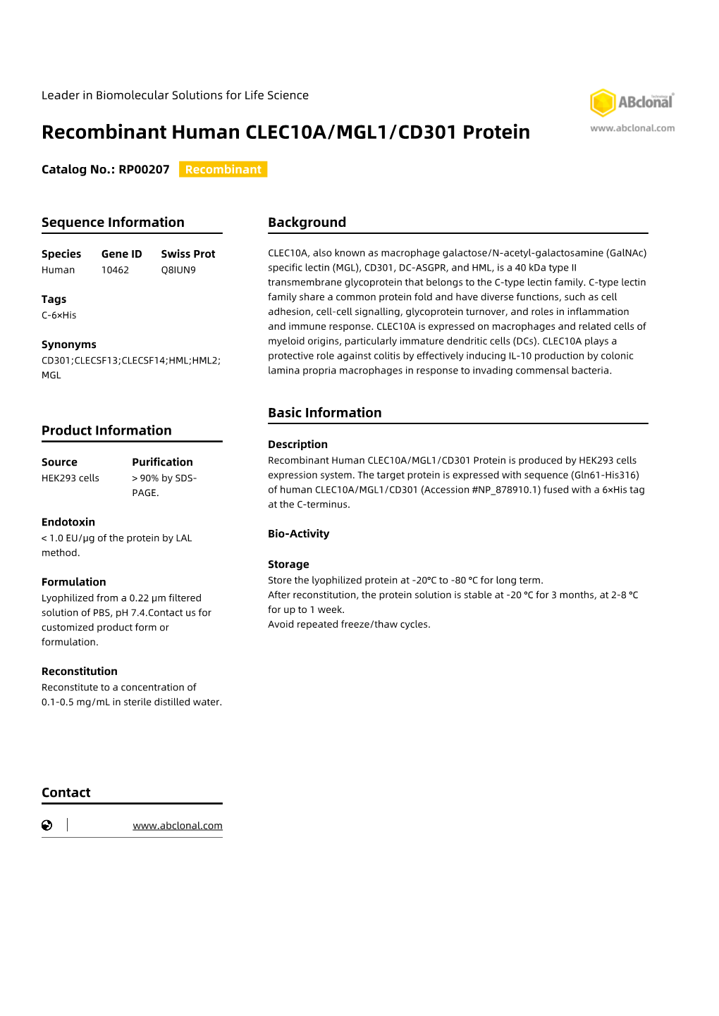 Recombinant Human CLEC10A/MGL1/CD301 Protein