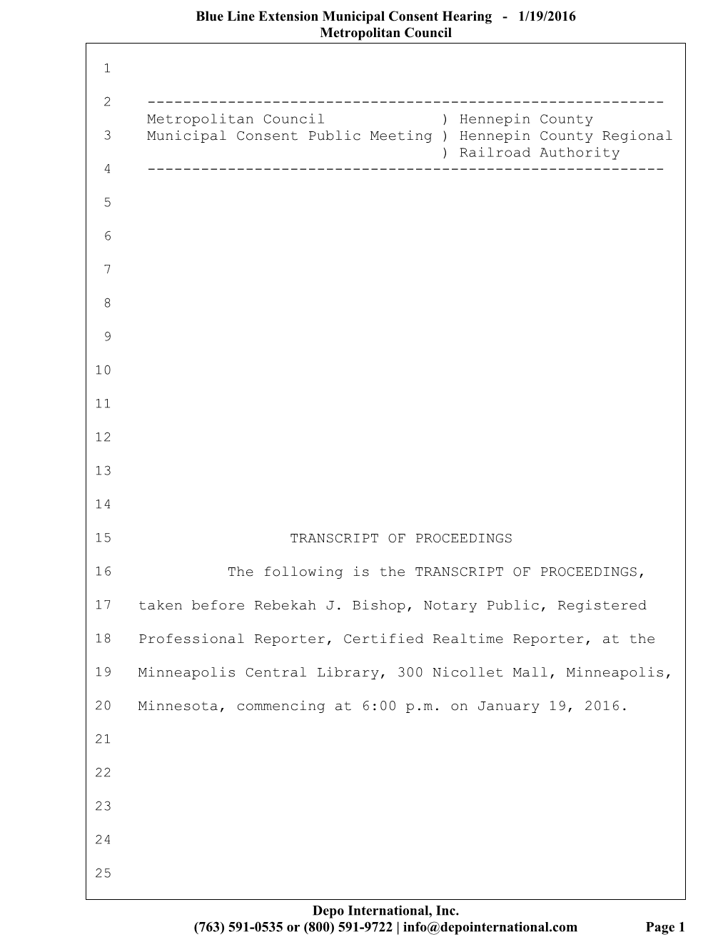 Blue Line Extension Municipal Consent Hearing January 19, 2016