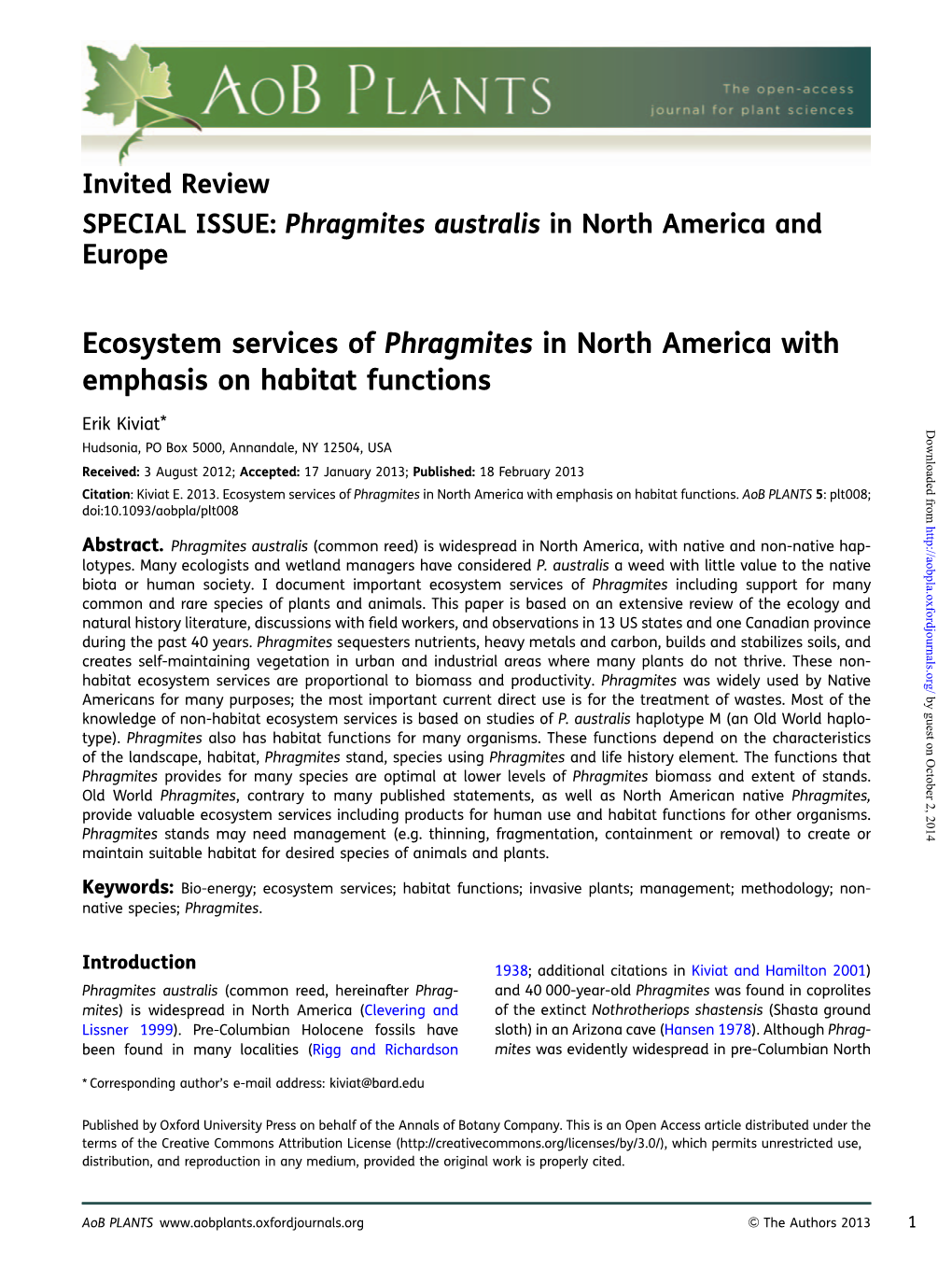 SPECIAL ISSUE: Phragmites Australis in North America and Europe