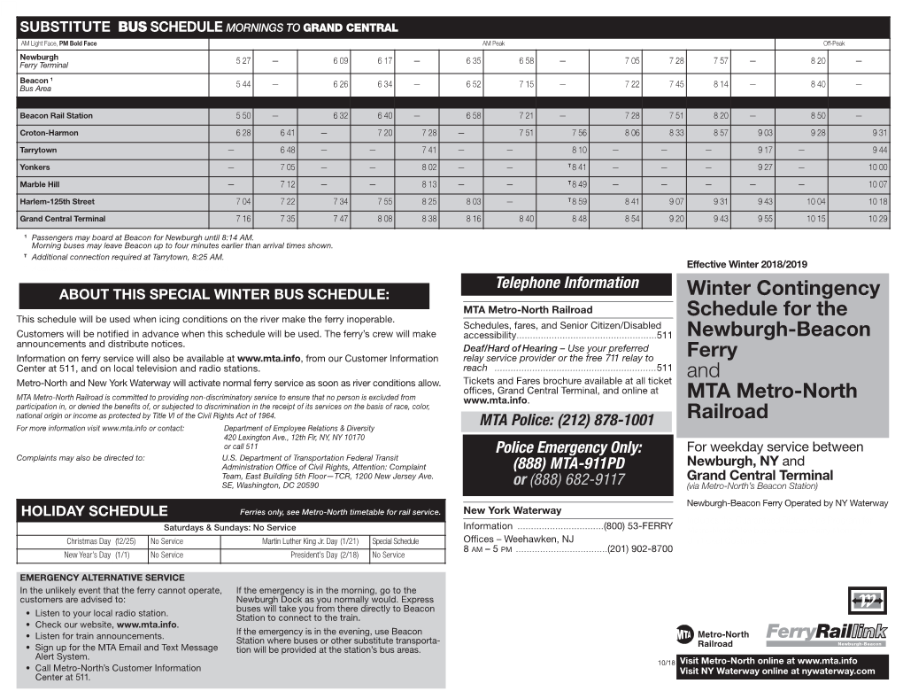 Winter Contingency Schedule for the Newburgh-Beacon Ferry and MTA