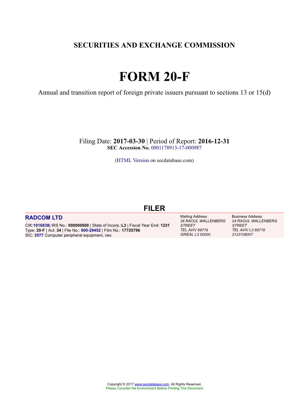 RADCOM LTD Form 20-F Filed 2017-03-30