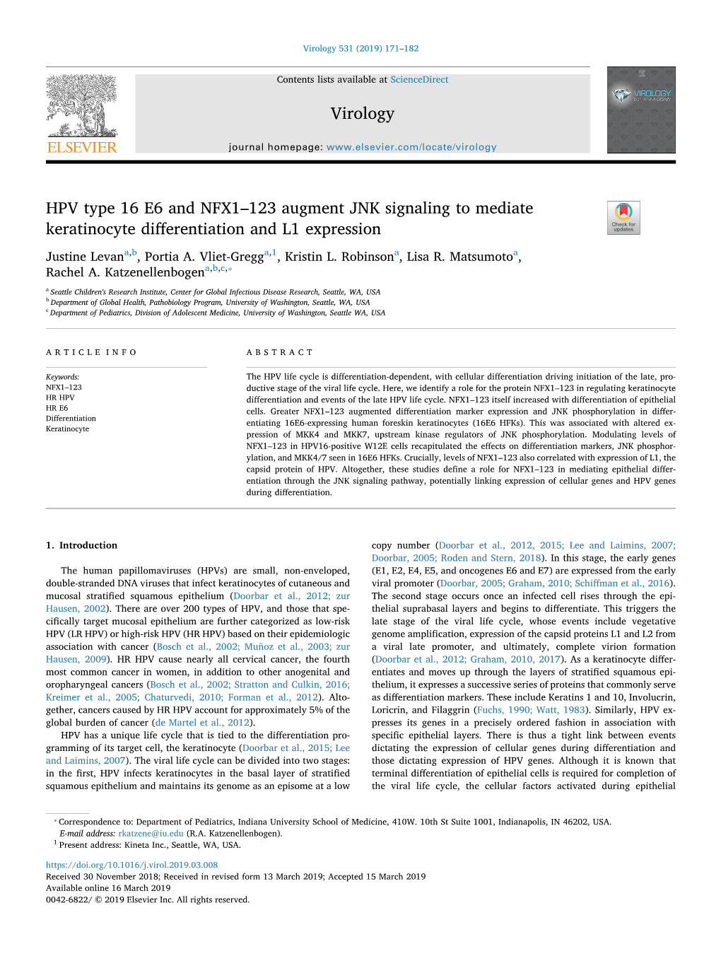 HPV Type 16 E6 and NFX1–123 Augment JNK Signaling to Mediate Keratinocyte Diﬀerentiation and L1 Expression T