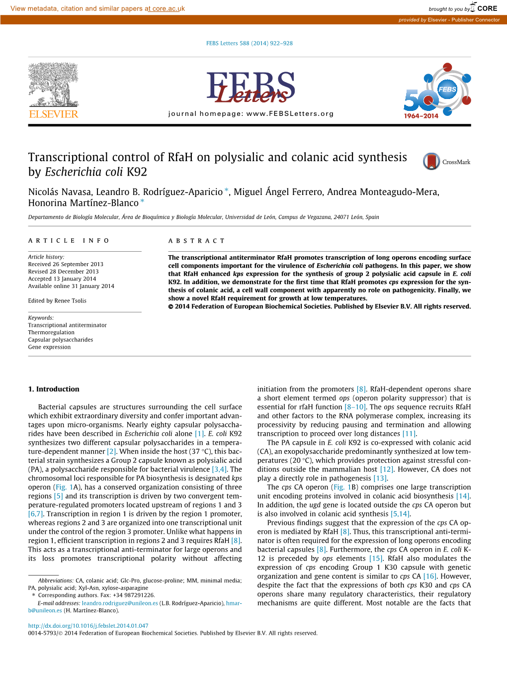 Transcriptional Control of Rfah on Polysialic and Colanic Acid Synthesis by Escherichia Coli K92 ⇑ Nicolás Navasa, Leandro B