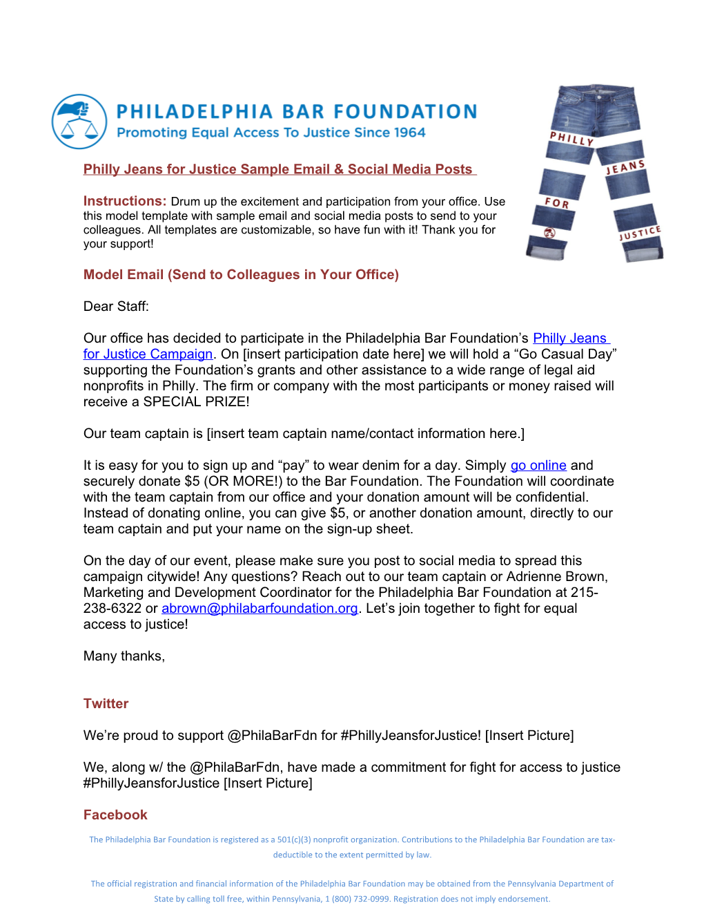 Philly Jeans for Justice Sample Email & Social Media Posts