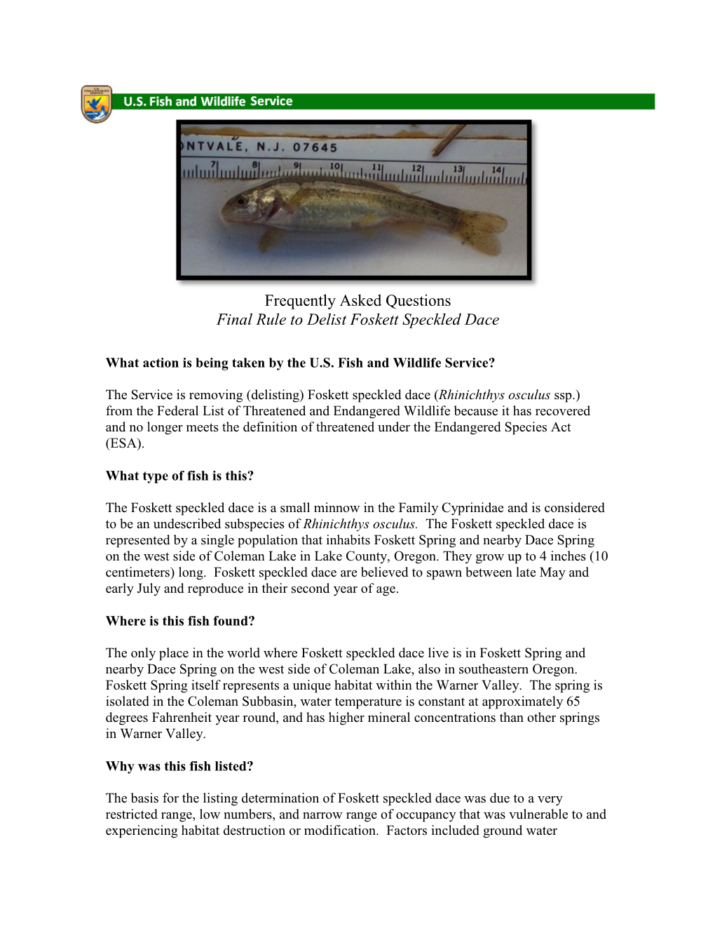 Frequently Asked Questions Final Rule to Delist Foskett Speckled Dace
