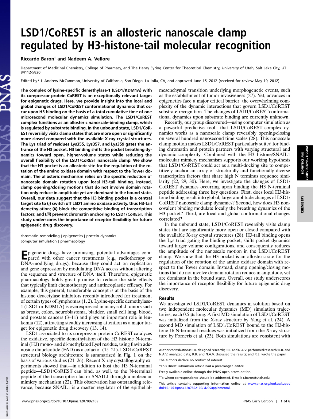 LSD1/Corest Is an Allosteric Nanoscale Clamp Regulated by H3-Histone-Tail Molecular Recognition