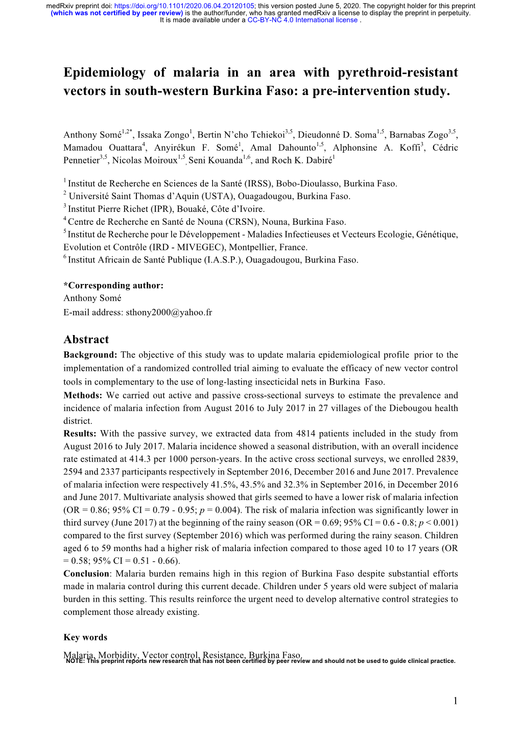 Epidemiology of Malaria in an Area with Pyrethroid-Resistant Vectors in South-Western Burkina Faso: a Pre-Intervention Study