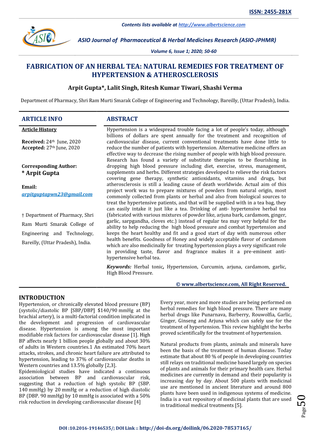 Fabrication of an Herbal Tea: Natural Remedies for Treatment of Hypertension & Atherosclerosis