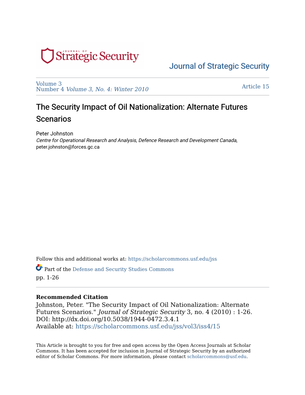 The Security Impact of Oil Nationalization: Alternate Futures Scenarios