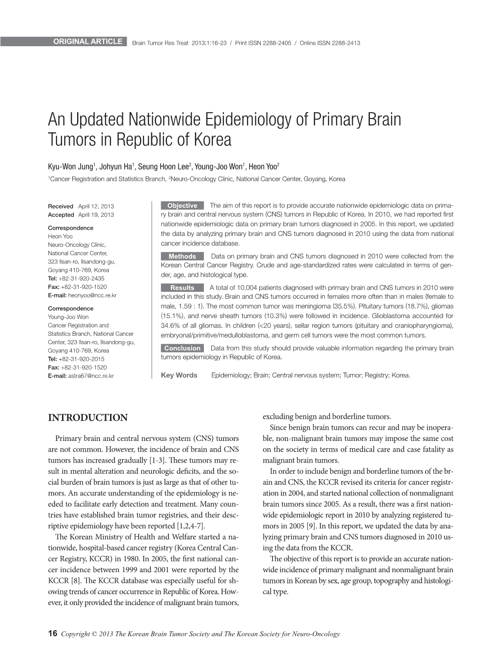 An Updated Nationwide Epidemiology of Primary Brain Tumors in Republic of Korea