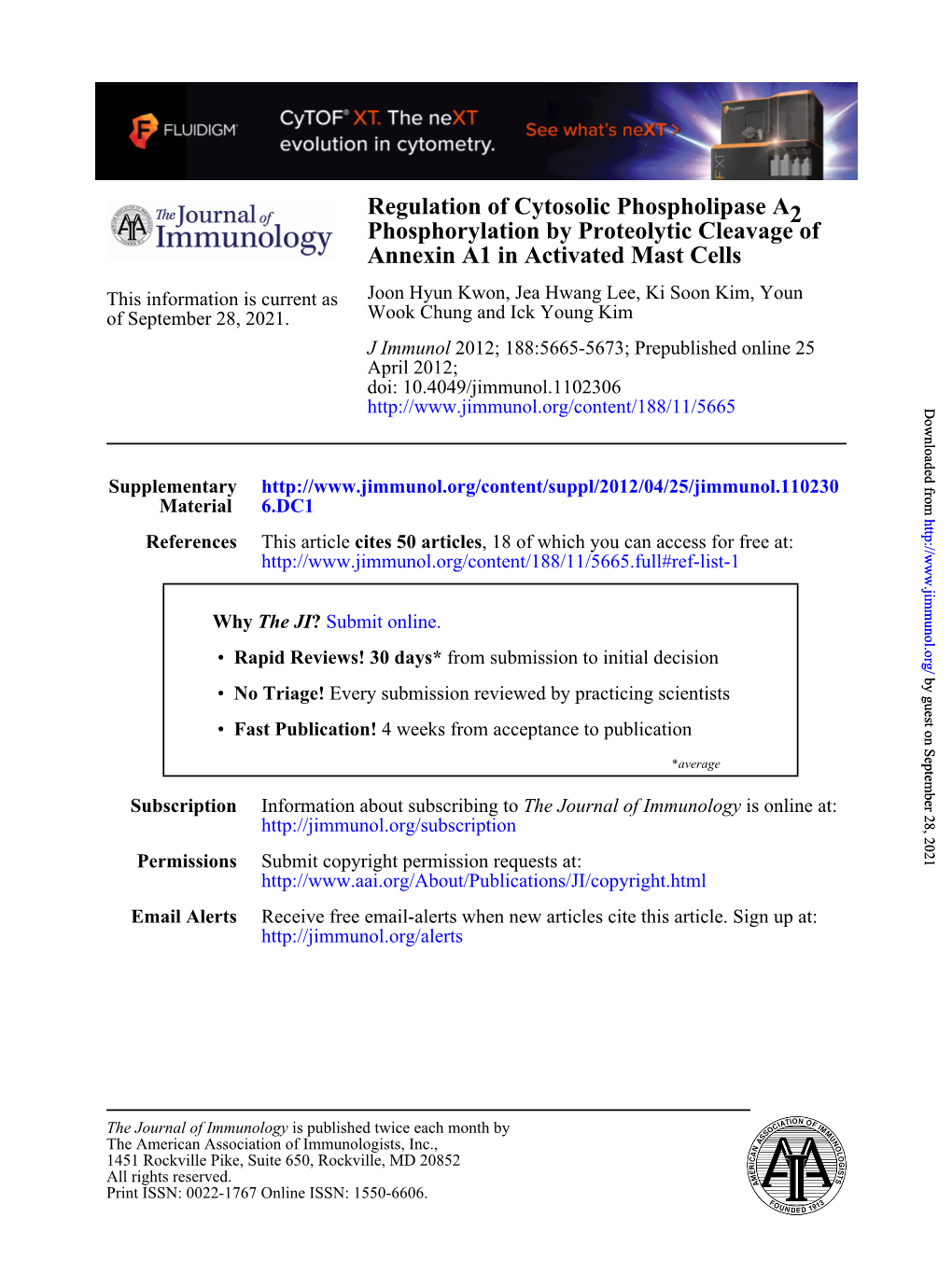 Annexin A1 in Activated Mast Cells Phosphorylation by Proteolytic Cleavage of 2 Regulation of Cytosolic Phospholipase A