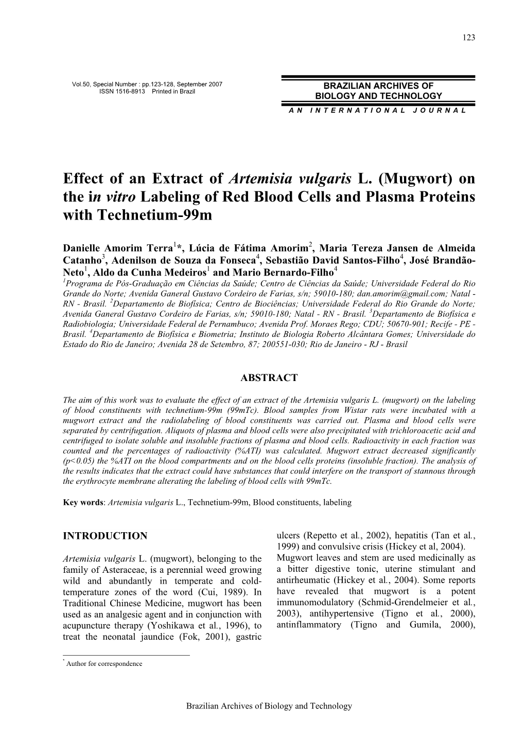 Effect of an Extract of Artemisia Vulgaris L. (Mugwort) on the in Vitro