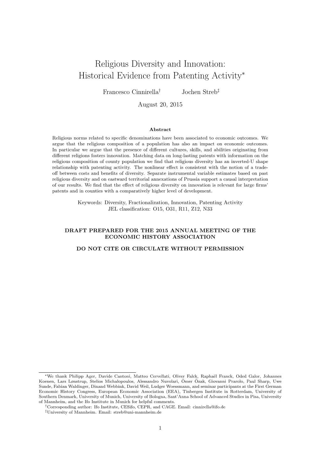 Religious Diversity and Innovation: Historical Evidence from Patenting Activity∗