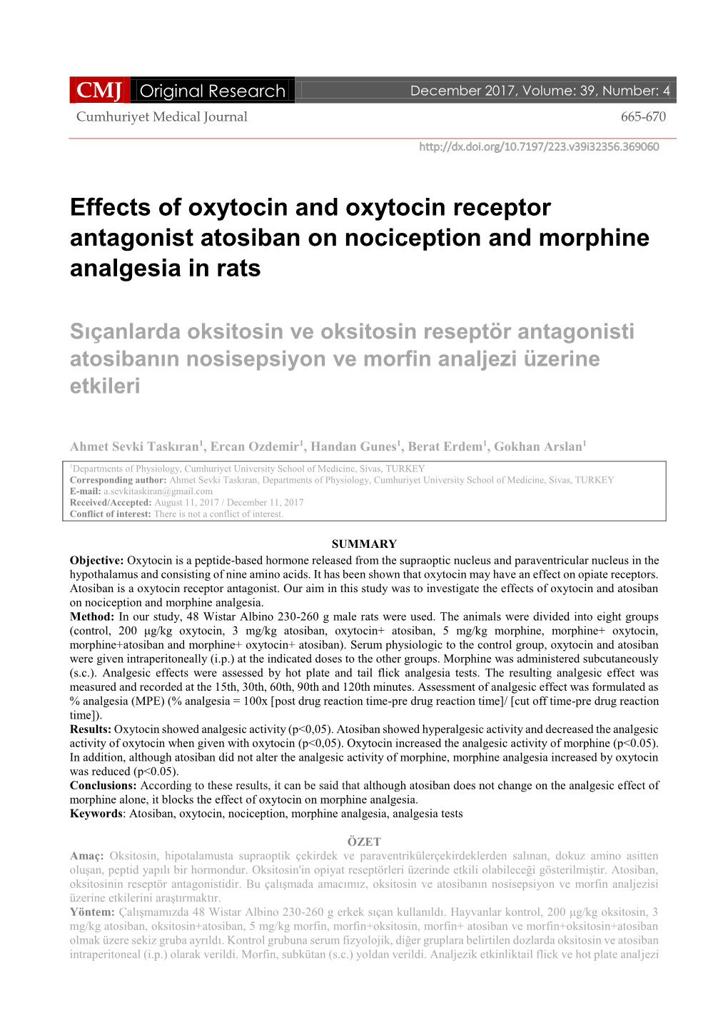 Effects of Oxytocin and Oxytocin Receptor Antagonist Atosiban on Nociception and Morphine Analgesia in Rats