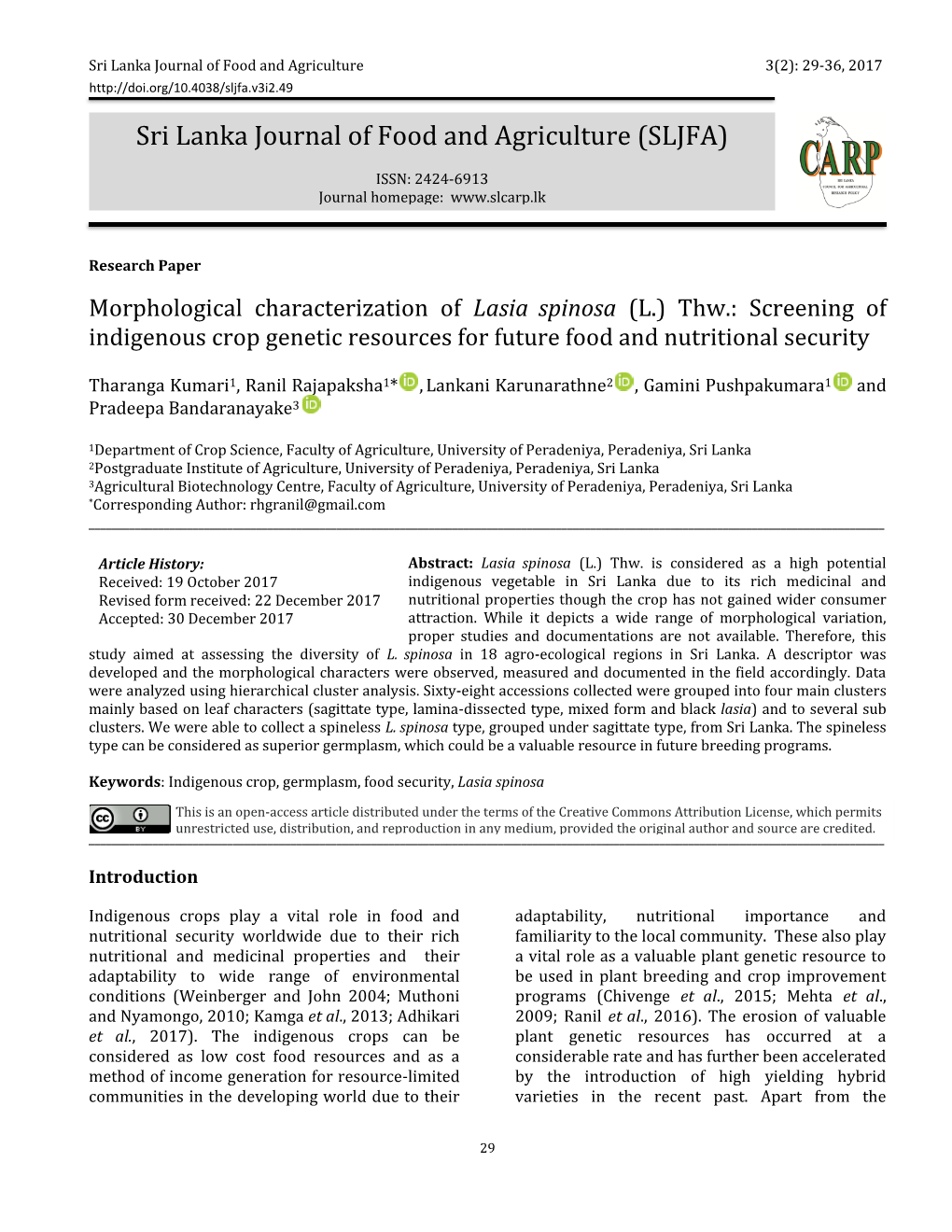 Sri Lanka Journal of Food and Agriculture (SLJFA)