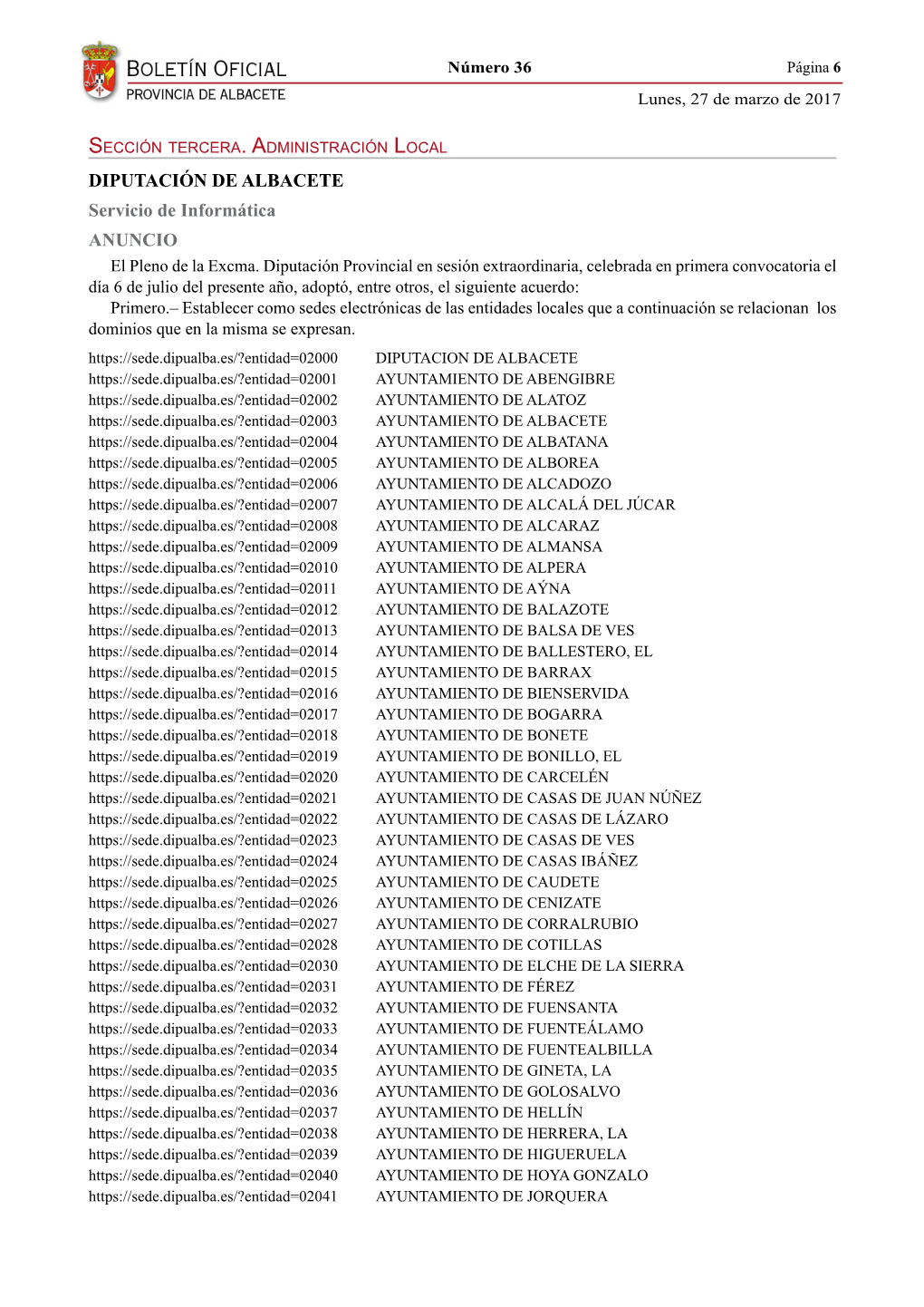 Diputación De Albacete Servicio De Informática ANUNCIO El Pleno De La Excma