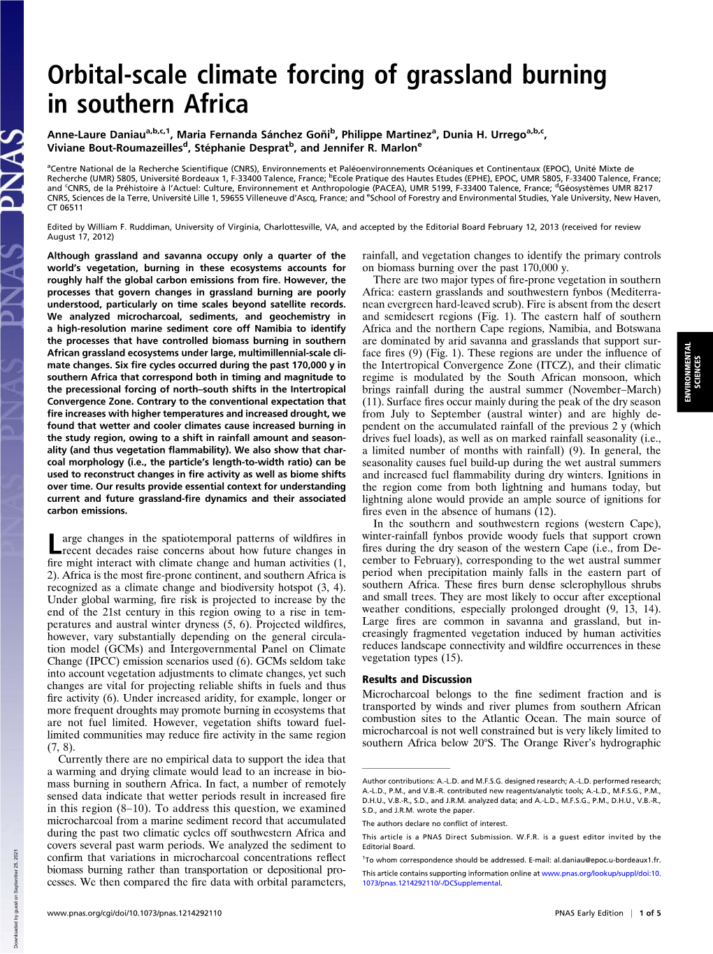 Orbital-Scale Climate Forcing of Grassland Burning in Southern Africa