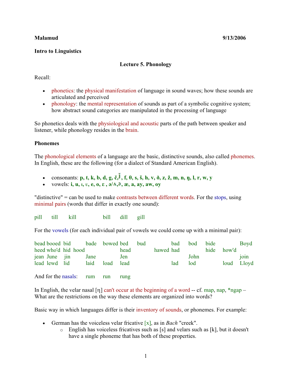 Malamud 9/13/2006 Intro to Linguistics Lecture 5. Phonology