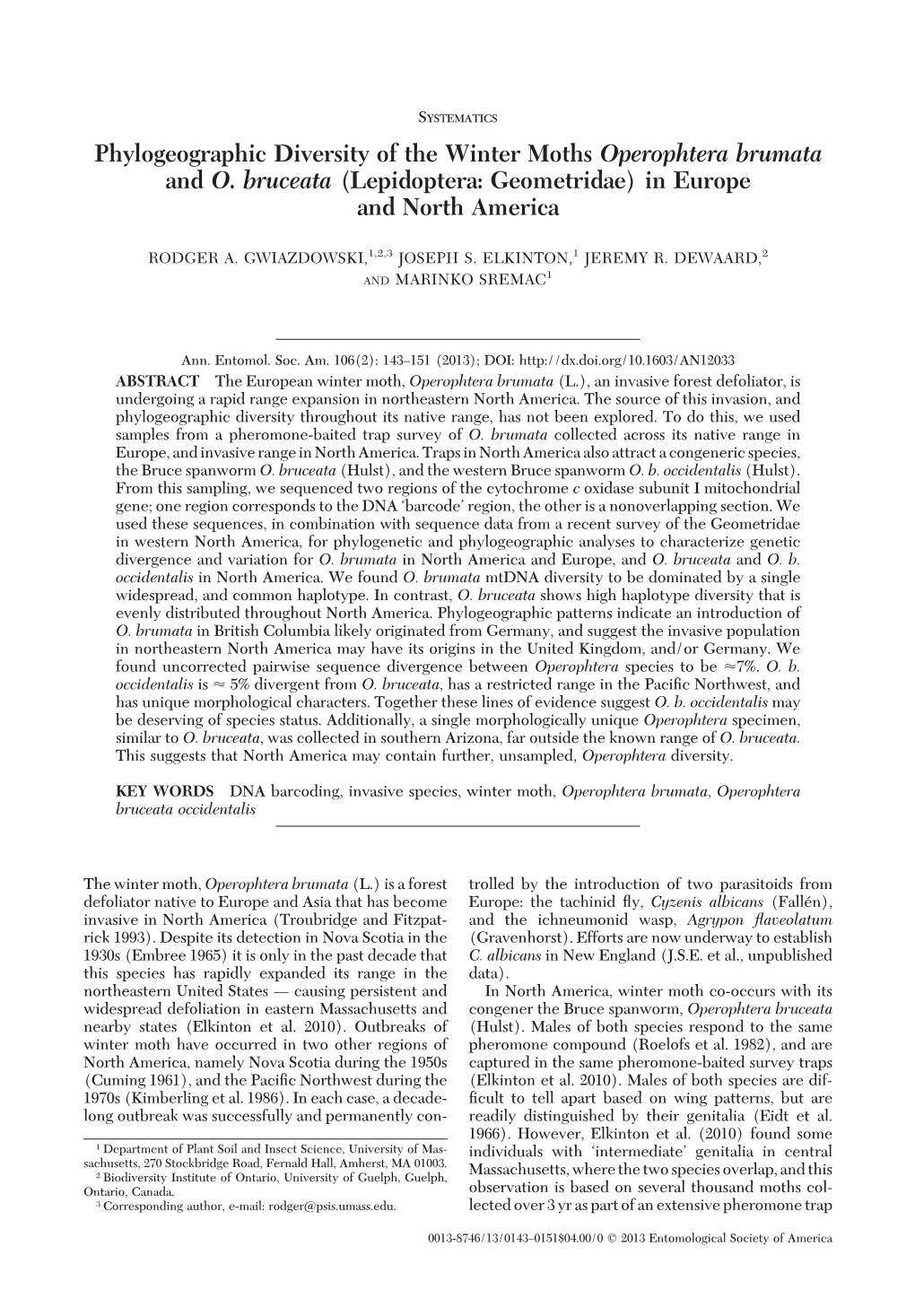 Phylogeographic Diversity of the Winter Moths Operophtera Brumata and O