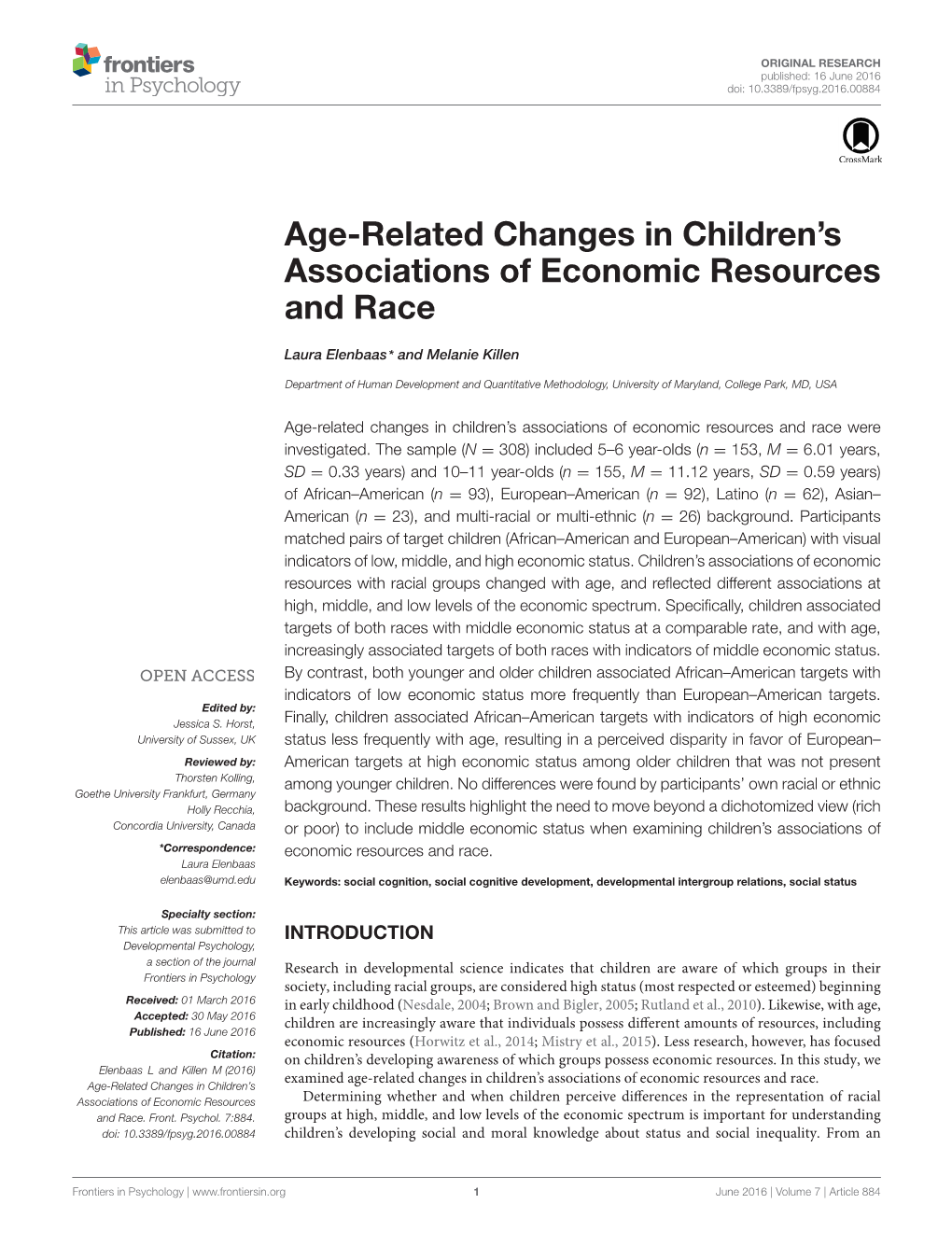 Age-Related Changes in Children's Associations of Economic