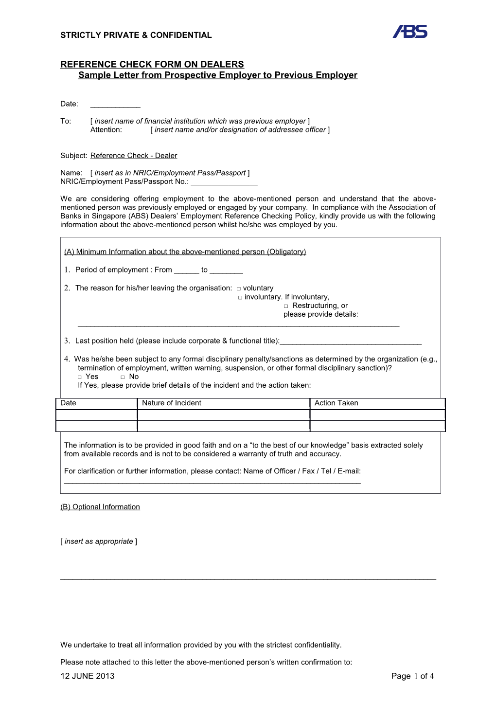 REFERENCE CHECK FORM on Dealerssample Letter from Prospective Employer to Previous Employer