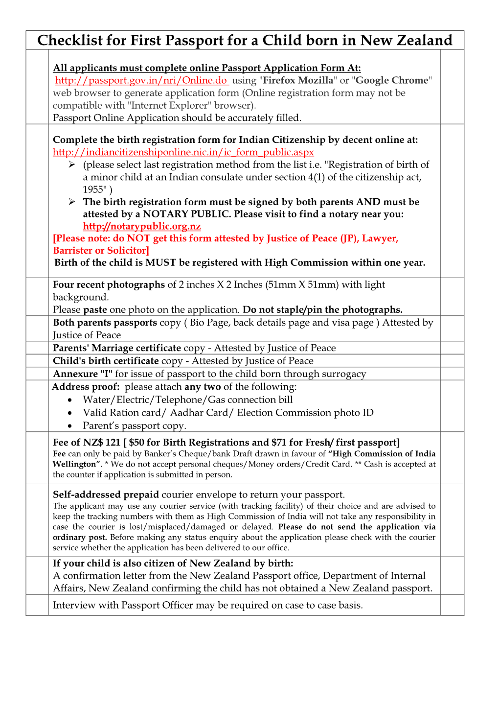 Checklist for First Passport for a Child Born in New Zealand