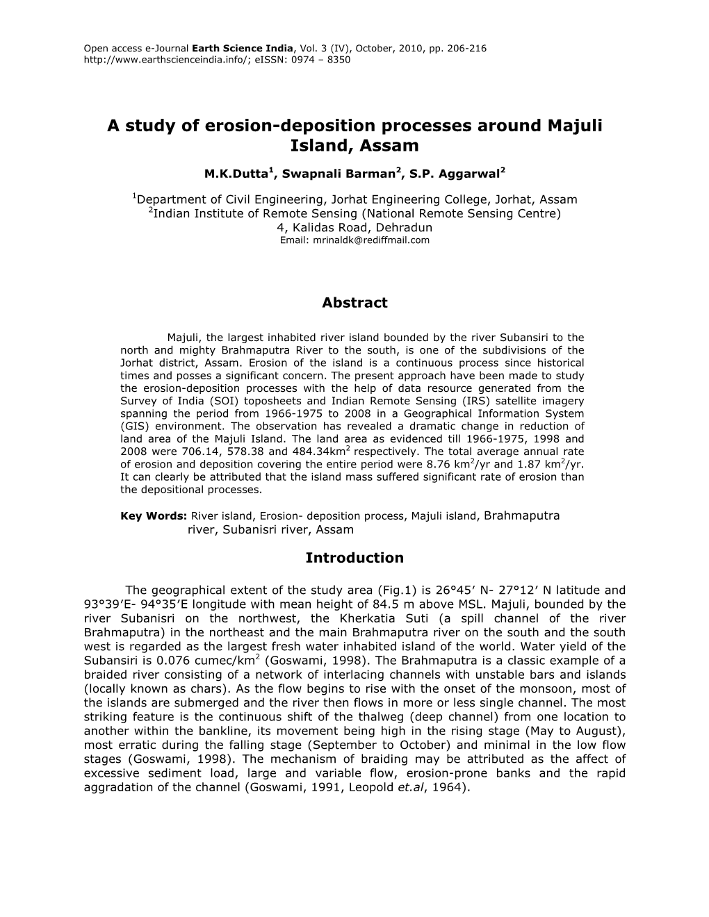 A Study of Erosion-Deposition Processes Around Majuli Island, Assam