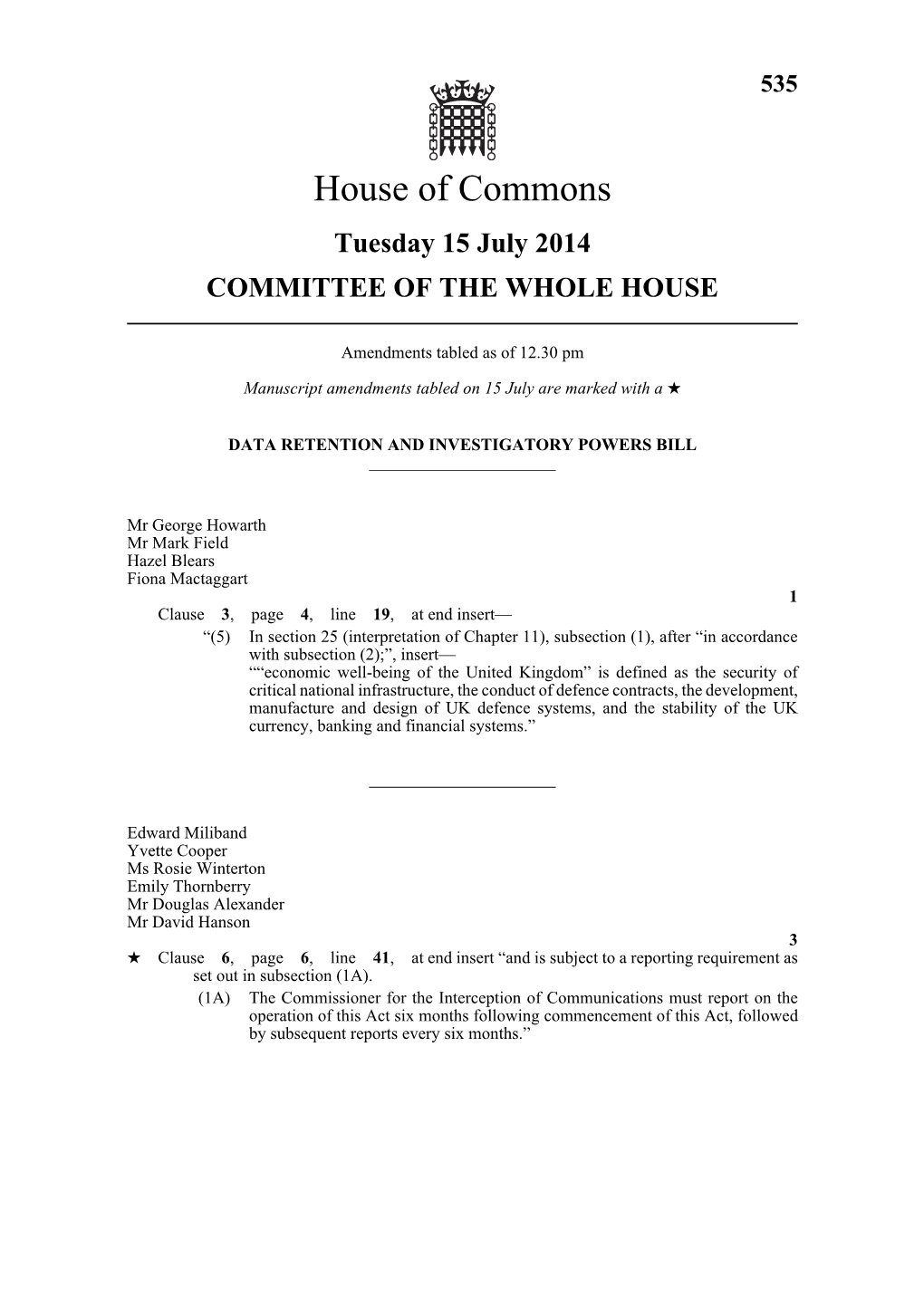 House of Commons Tuesday 15 July 2014 COMMITTEE of the WHOLE HOUSE