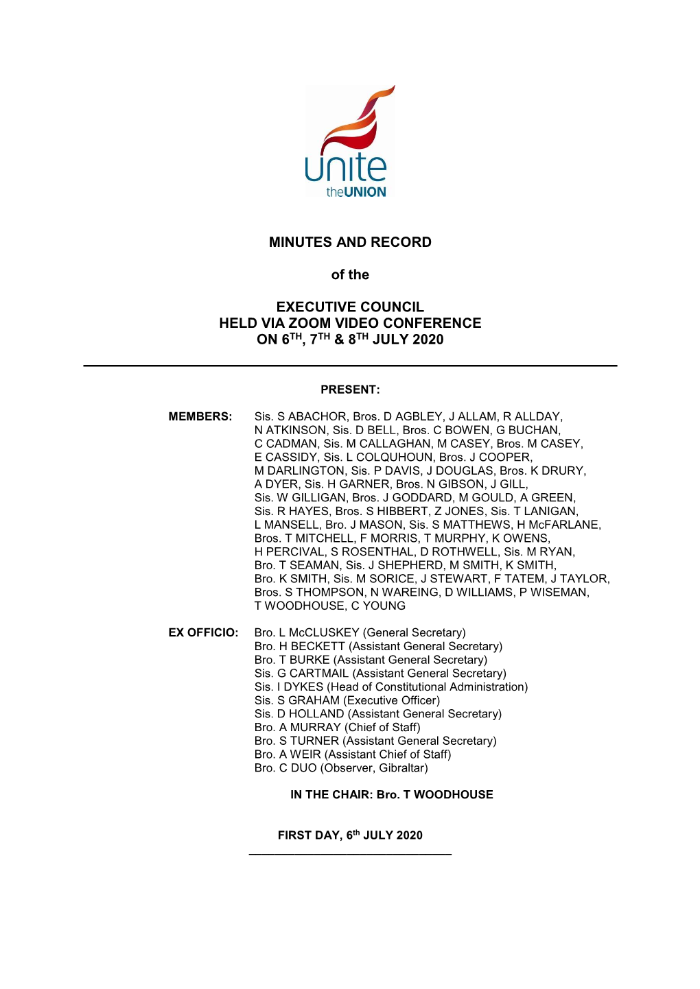 MINUTES and RECORD of the EXECUTIVE COUNCIL HELD VIA
