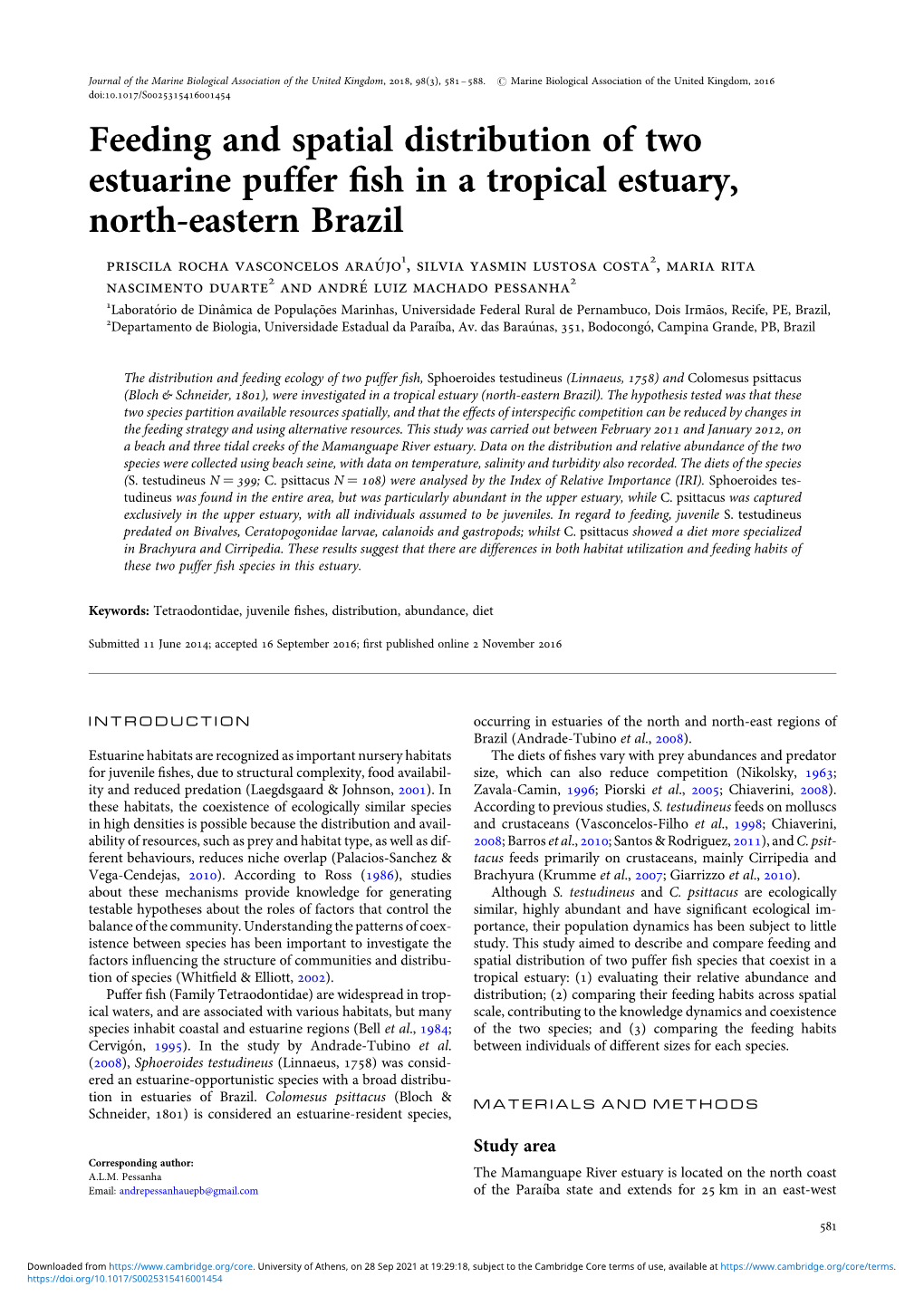 Feeding and Spatial Distribution of Two Estuarine Puffer Fish in a Tropical