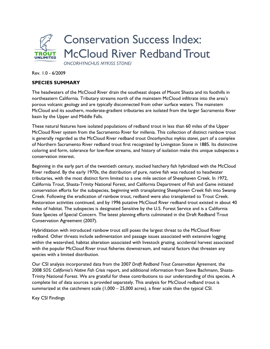 Conservation Success Index: Mccloud River Redband Trout ONCORHYNCHUS MYKISS STONEI Rev