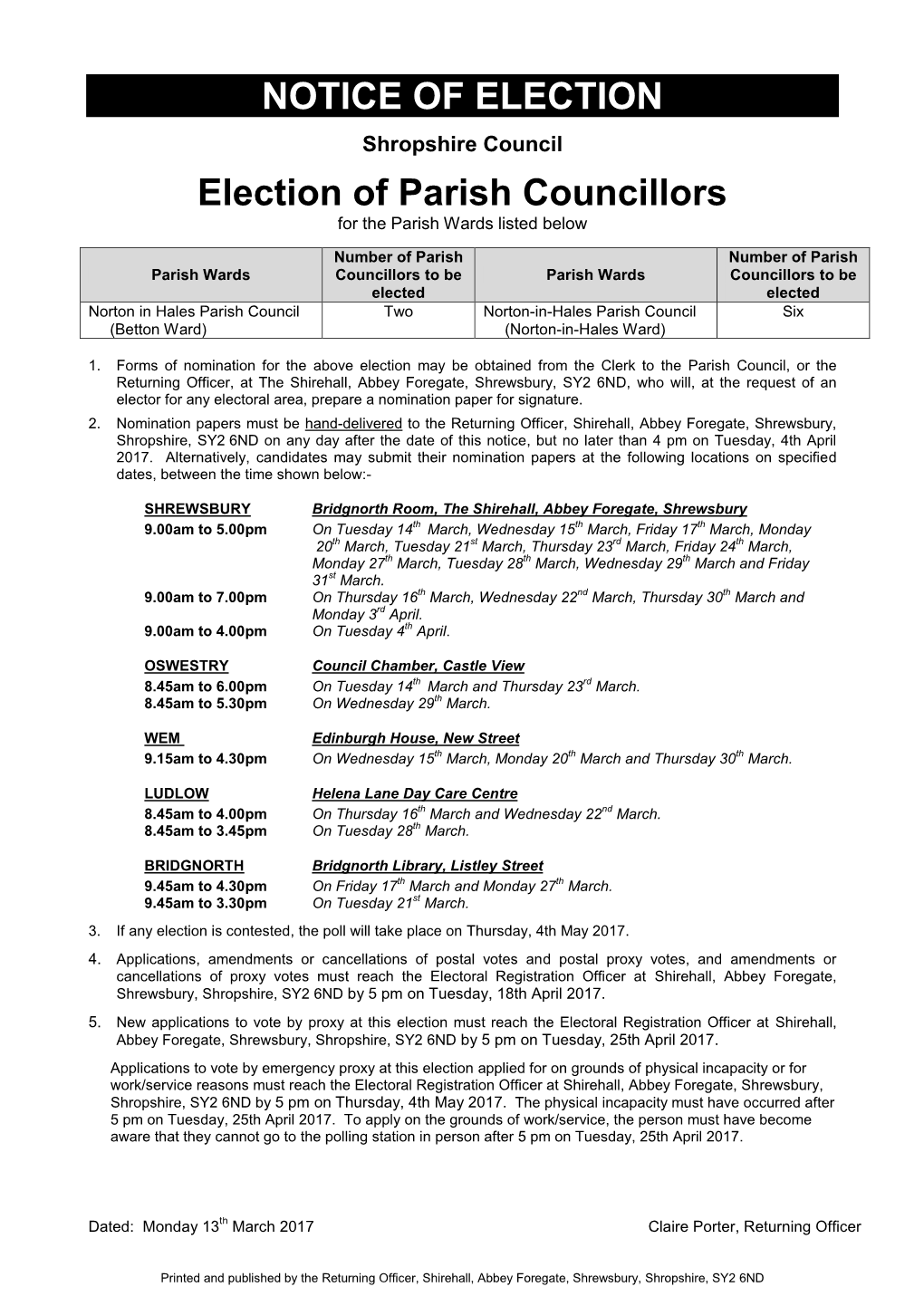 Election of Parish Councillors for the Parish Wards Listed Below