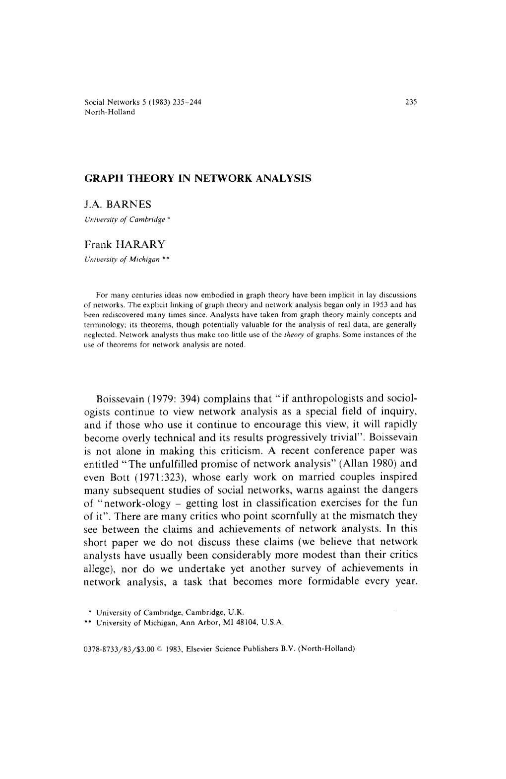 GRAPH THEORY in NETWORK ANALYSIS J.A. BARNES L'nrcersrry