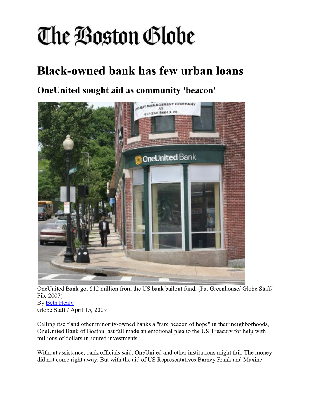 Black Owned Bank Has Few Urban Loans. Oneunited Sought Aid As