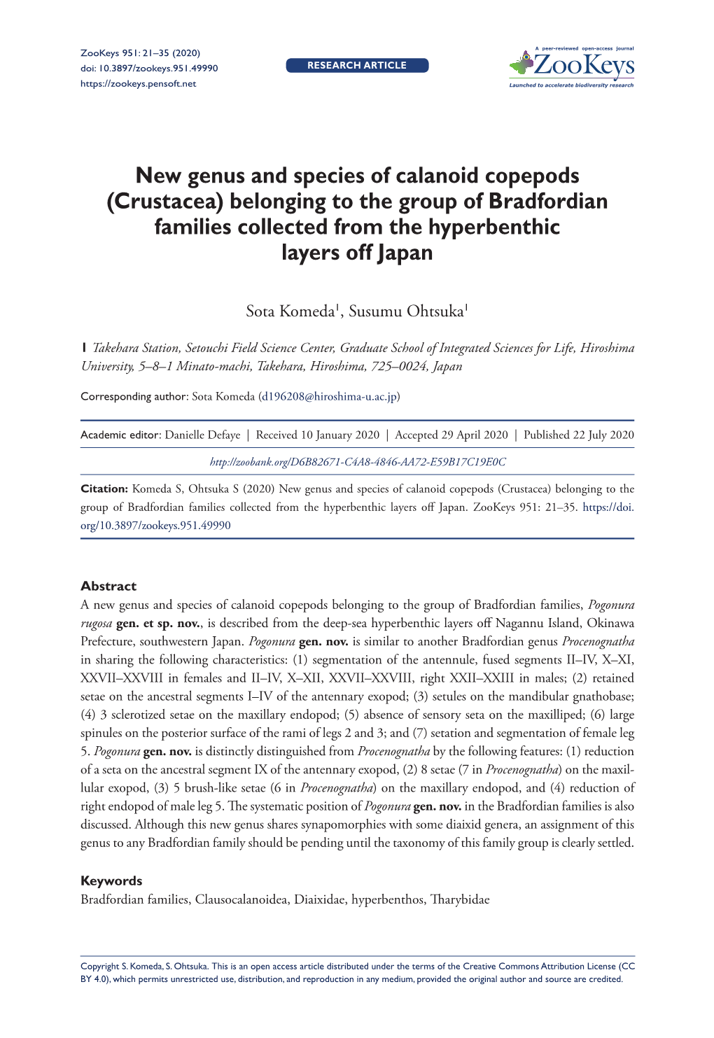 New Genus and Species of Calanoid Copepods (Crustacea) Belonging to the Group of Bradfordian Families Collected from the Hyperbenthic Layers Off Japan