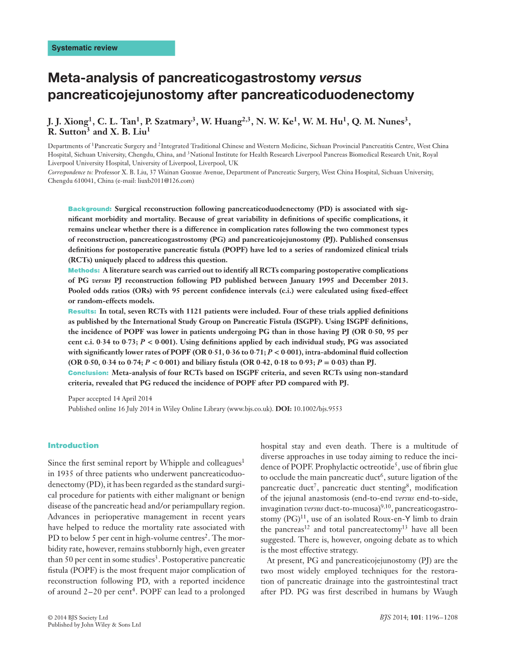 Metaanalysis of Pancreaticogastrostomy Versus Pancreaticojejunostomy After Pancreaticoduodenectomy